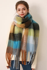 Thermal Fringe Contrast Plaid Scarf Gray Blue grid One Size OutfitFlow